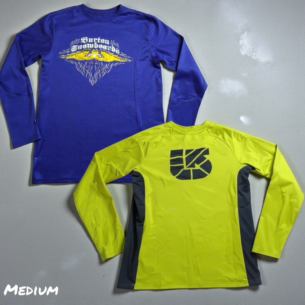 2 VTG Burton Shirt Mens M Yellow Blue Thermal Base Layer Long Sleeve Graphic Y2K